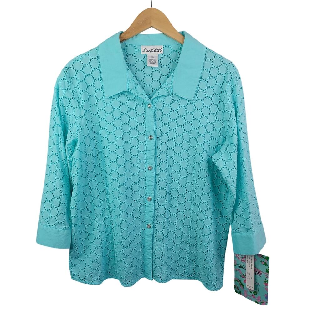 Birch Hill Women Embroidered Eyelet Button Up Top XL Aqua Cotton Resort Beach
